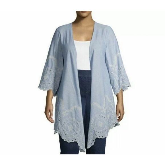 Time and Tru Tops - 2/$25 Time & Tru Blue Embroidered Hem Feminine Boho Lightweight Floral Kimono